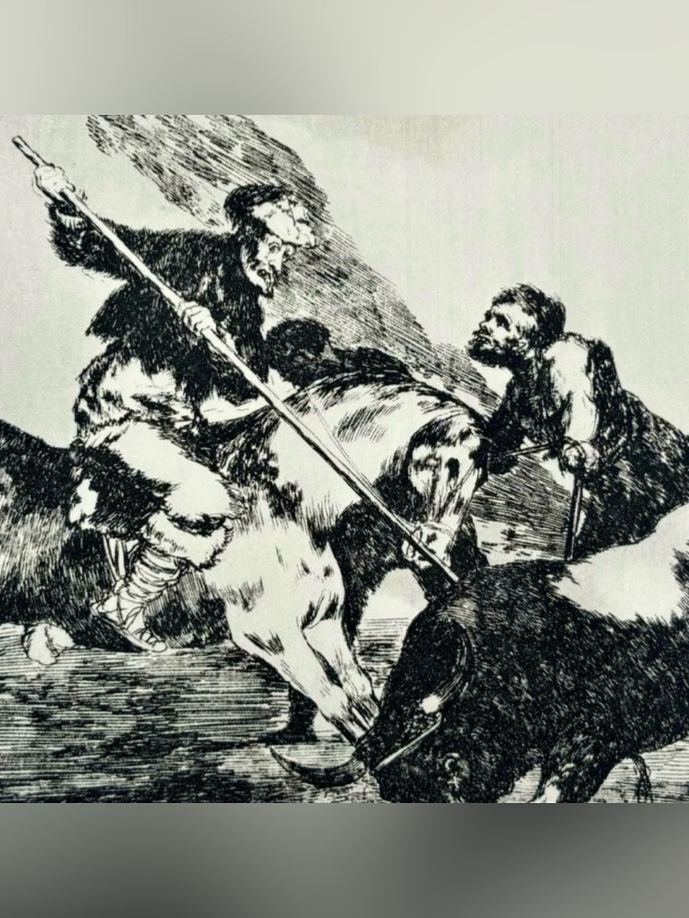 SPANIARDS HUNTED BULLS ON HORSEBACK Original Antique Vintage Fine Art GOYA Print